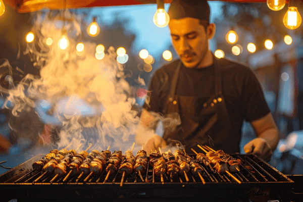 Man cooking on outdoor kitchen grill