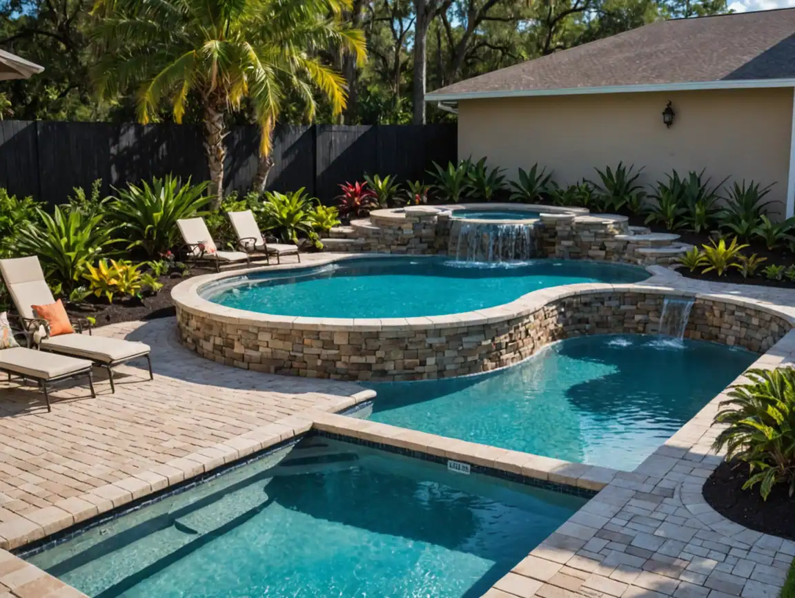 Custom backyard pool with spa and waterfall in Orlando, Florida.