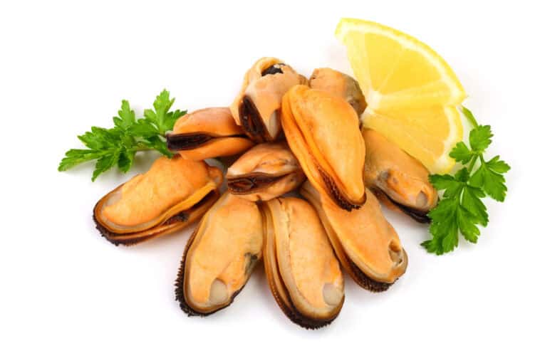 a pile of mussels and lemon