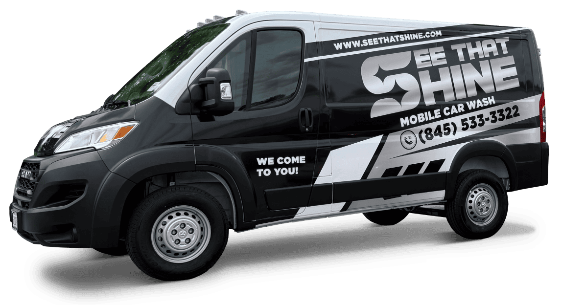 A transparent cutout of a mobile car detailing van with See That Shine graphics