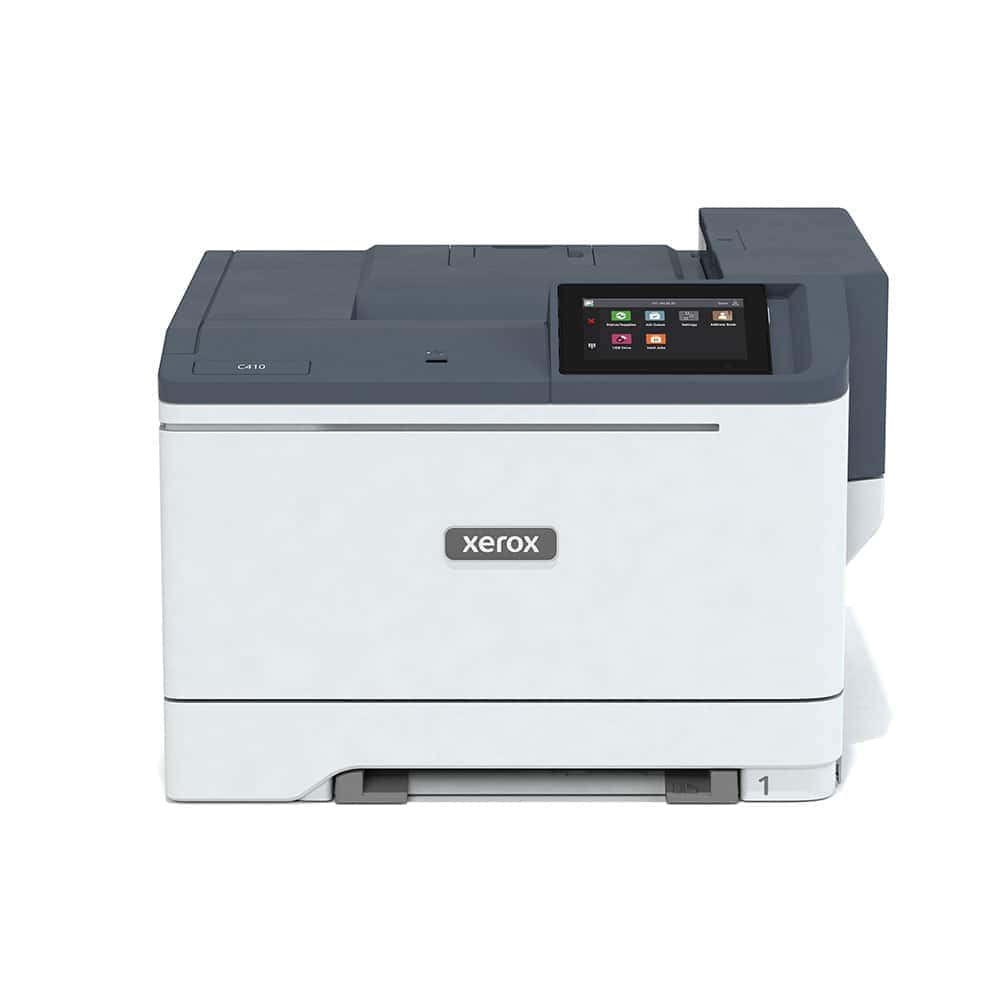 Xerox C410 multifunction laser printer with touchscreen control panel for office printing and copying needs.