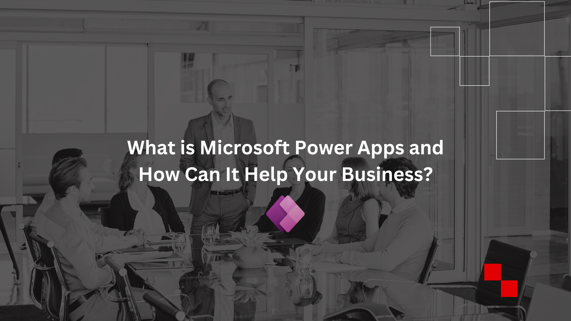 Business team collaborating with a Power Apps expert in a modern office setting, discussing digital solutions for business efficiency.