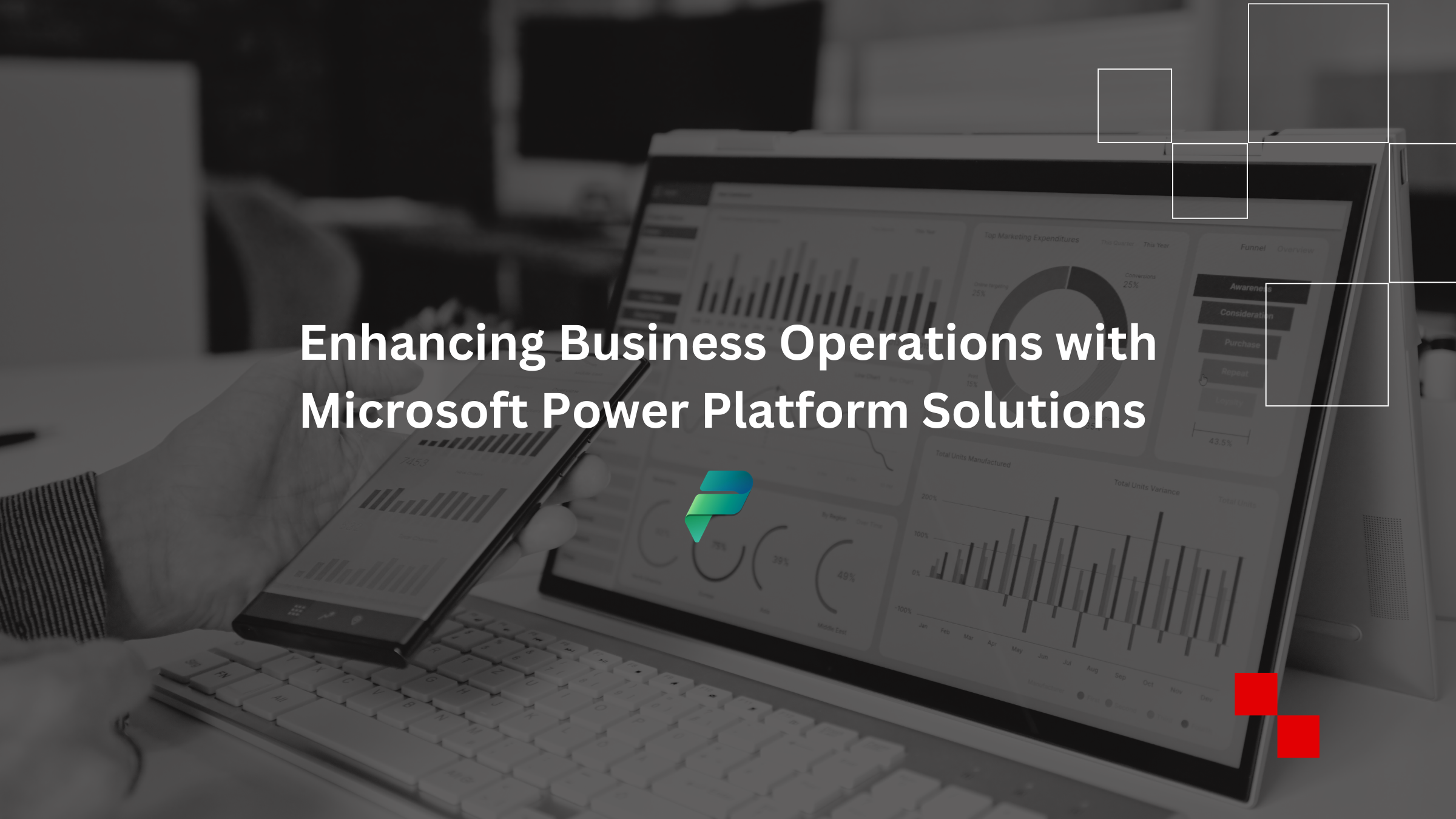 Business professional using Microsoft Power Platform on laptop and smartphone to improve operational efficiency and data management.