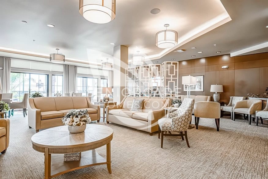 Modern, bright and beautiful modern lobby at Merrill Gardens Rancho Cucamonga