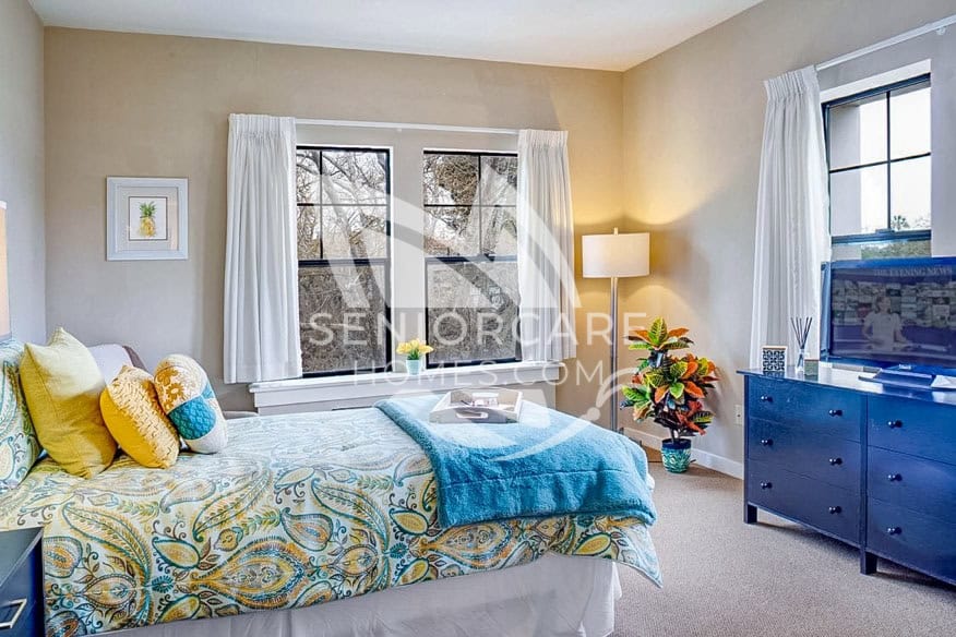 Beautiful, bright and modern private bedroom at Sunrise Senior Living San Mateo