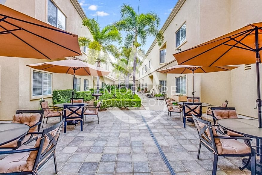 Beautiful, outdoor patio lounge area at Sunrise Senior Living Yorba Linda