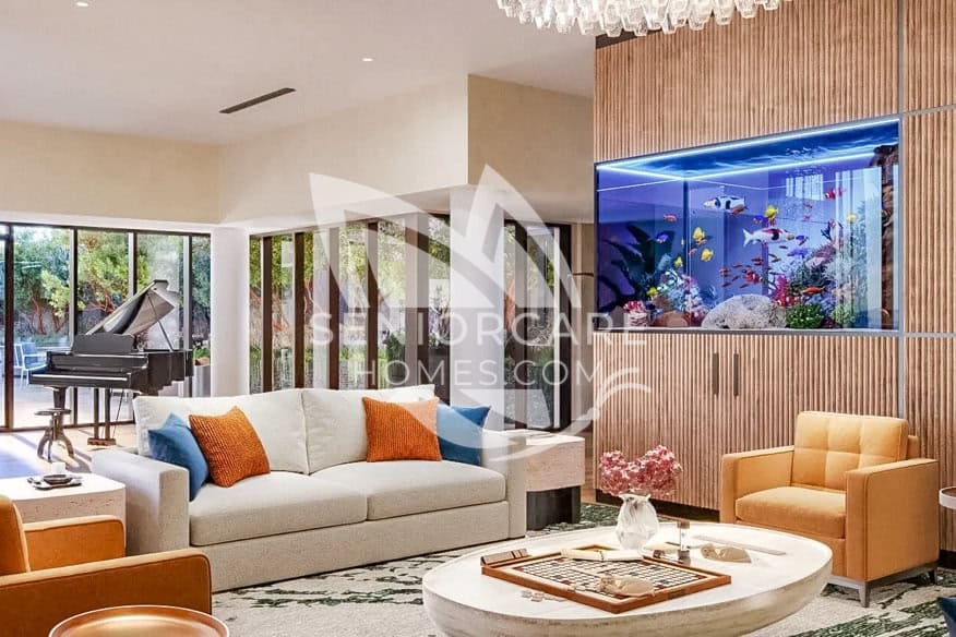 Indoor launch with a view of the outside and aquarium at Ellore Senior Living