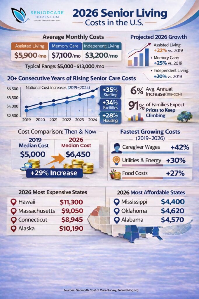 Infographic on 2026 Senior Living Costs in the United States with charts, comparisons, cheapest and most expensive states.