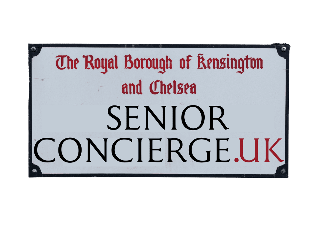 A mockup of the distinctive Kensington and Chelsea road sign style featuring the Senior Concierge email address