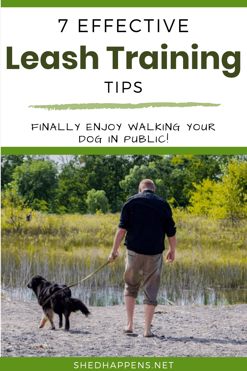 man wearing a black shirt, khaki shorts and flip flops walking a medium-sized black dog on the beach with the title 7 effective leash training tips