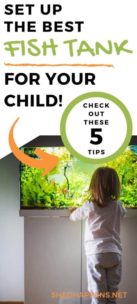 young girl looking into a fish tank, light on, with fish and aquarium plants with the text best fish tank for your child(ren)