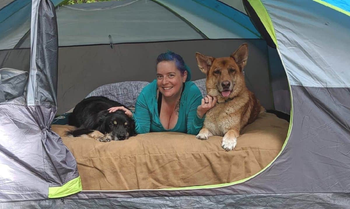 woman with blue hair and a teal shirt laying on an air mattress in a tent with a brown German Shepherd dog laying to her left and a black Flat-Coated retriever dog laying to her right.