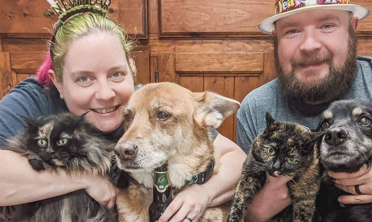 two people, a woman and a man, wearing 'Happy New Year' accessories, holding a cat and a dog each