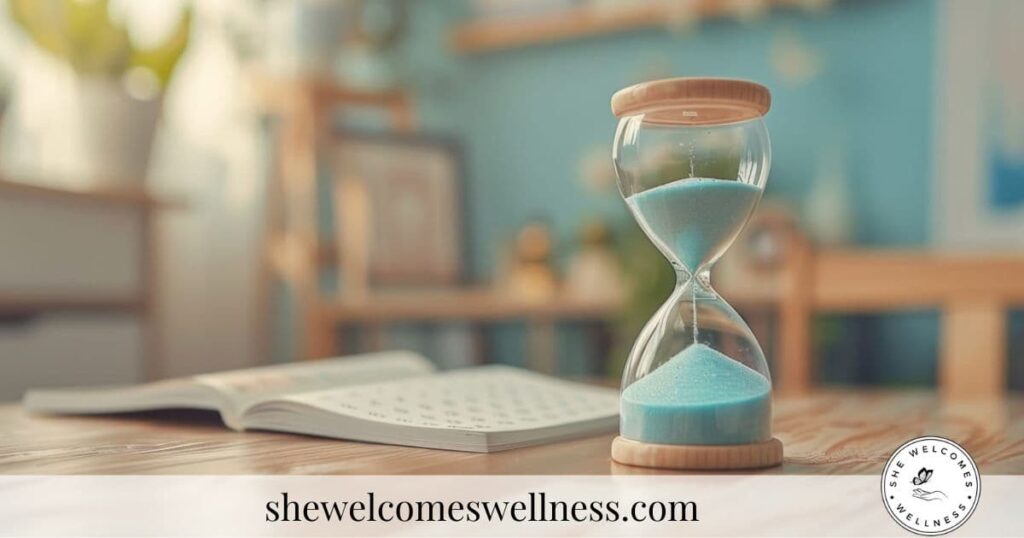 Hourglass with blue sand on a wooden table, beside an open book. Soft focus in a cozy room with a warm, calming ambiance. 