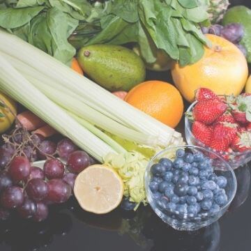 blueberries, strawberries, celery, greens, grapes