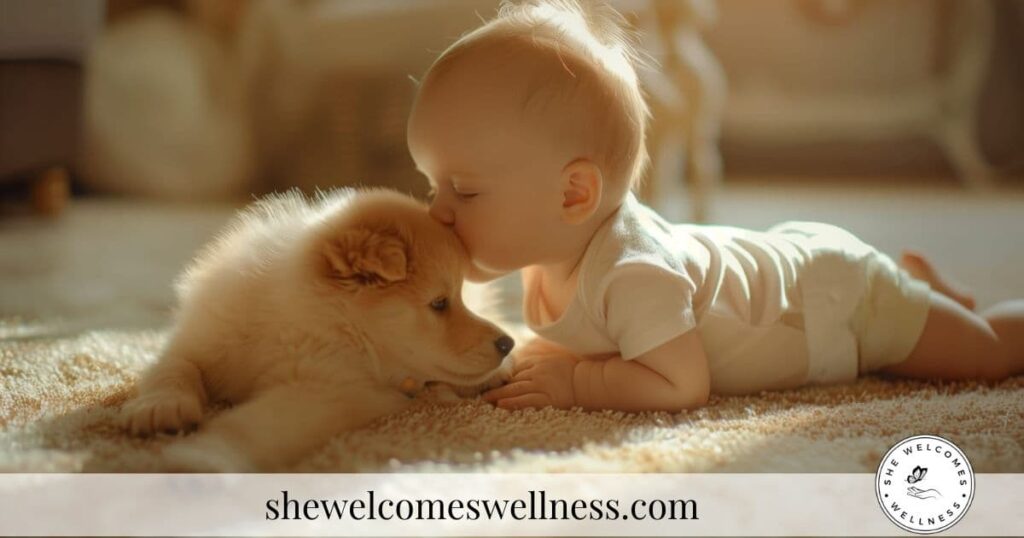 A baby gently kisses a fluffy puppy on a sunlit carpet, conveying warmth and tenderness  