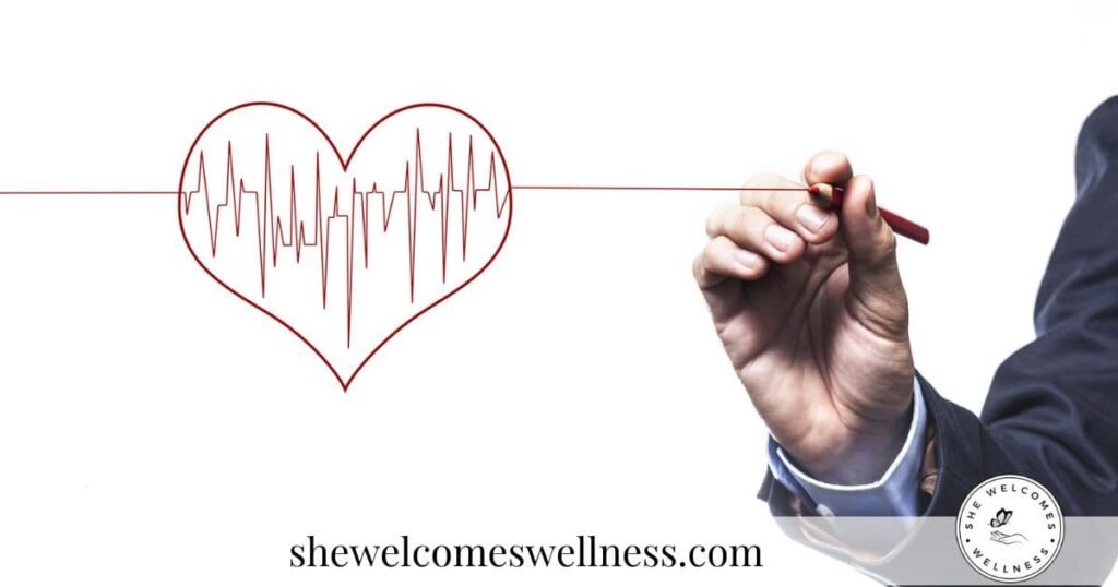 A hand in a suit draws a heart with an ECG line inside, symbolizing health. The background is white, with "shewelcomeswellness.com" below.