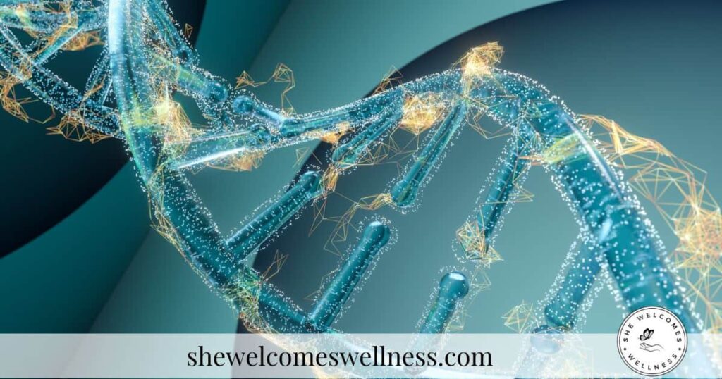 A 3D rendering of a glowing blue DNA strand with intricate polygonal structures on a teal background. The image has a scientific and futuristic tone.