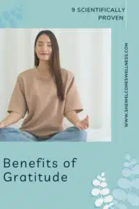 Pinterest Pin:  Woman sitting on bed meditating; enjoying the benefits of gratitude