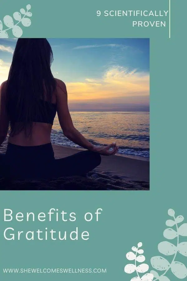 Pinterest Pin: Woman sitting on beach meditating; enjoying the benefit of gratitude