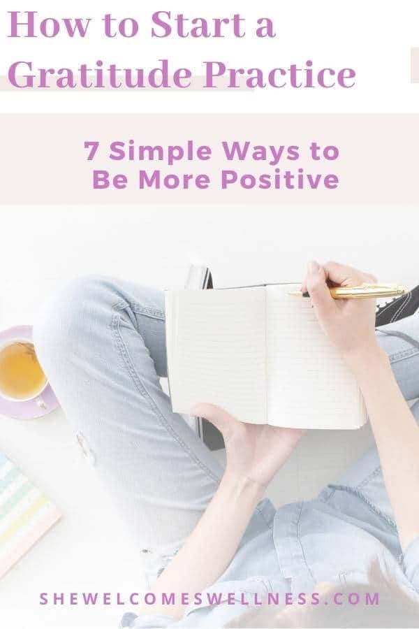 Pinterest Pin: How to Start a Gratitude Practice- girl in blue jeans writing in a gratitude journal