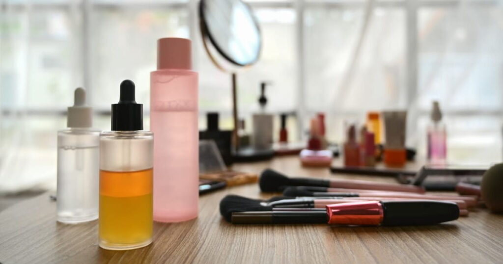 lotion bottles, skincare products, mirror, cosmetics