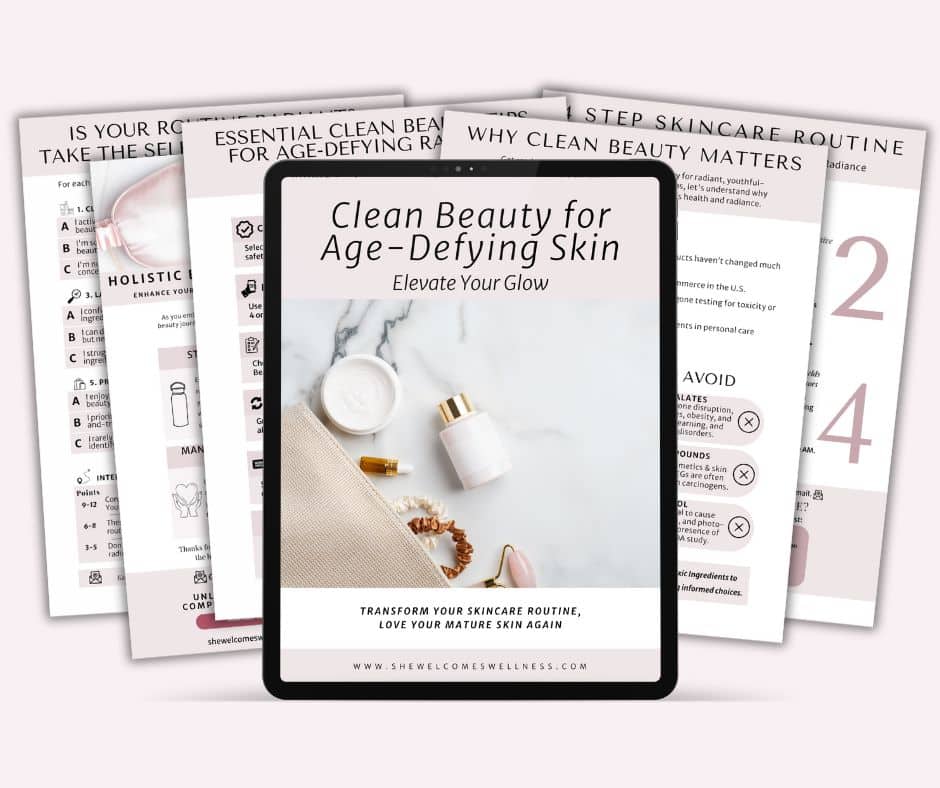 Image of an eBook titled "Clean Beauty for Age-Defying Skin" displayed on a tablet. The cover features skincare products, with pages fanned out behind it.