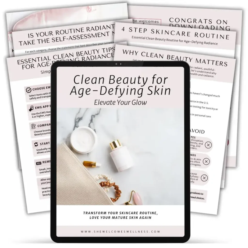 Image of an eBook titled "Clean Beauty for Age-Defying Skin" displayed on a tablet. The cover features skincare products, with pages fanned out behind it.