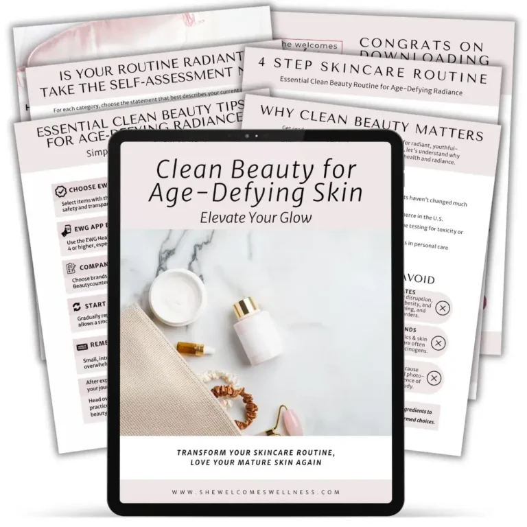 Image of an eBook titled "Clean Beauty for Age-Defying Skin" displayed on a tablet. The cover features skincare products, with pages fanned out behind it.