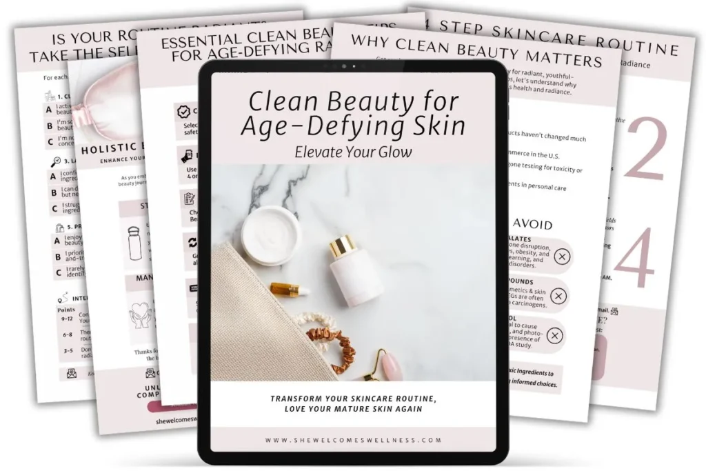 Image of an eBook titled "Clean Beauty for Age-Defying Skin" displayed on a tablet. The cover features skincare products, with pages fanned out behind it.