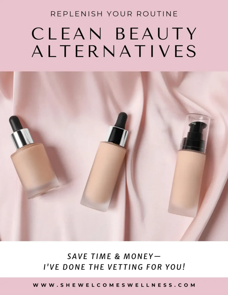 Clean Beauty Alternatives- Free Guide, image of clean beauty products on pink fabric