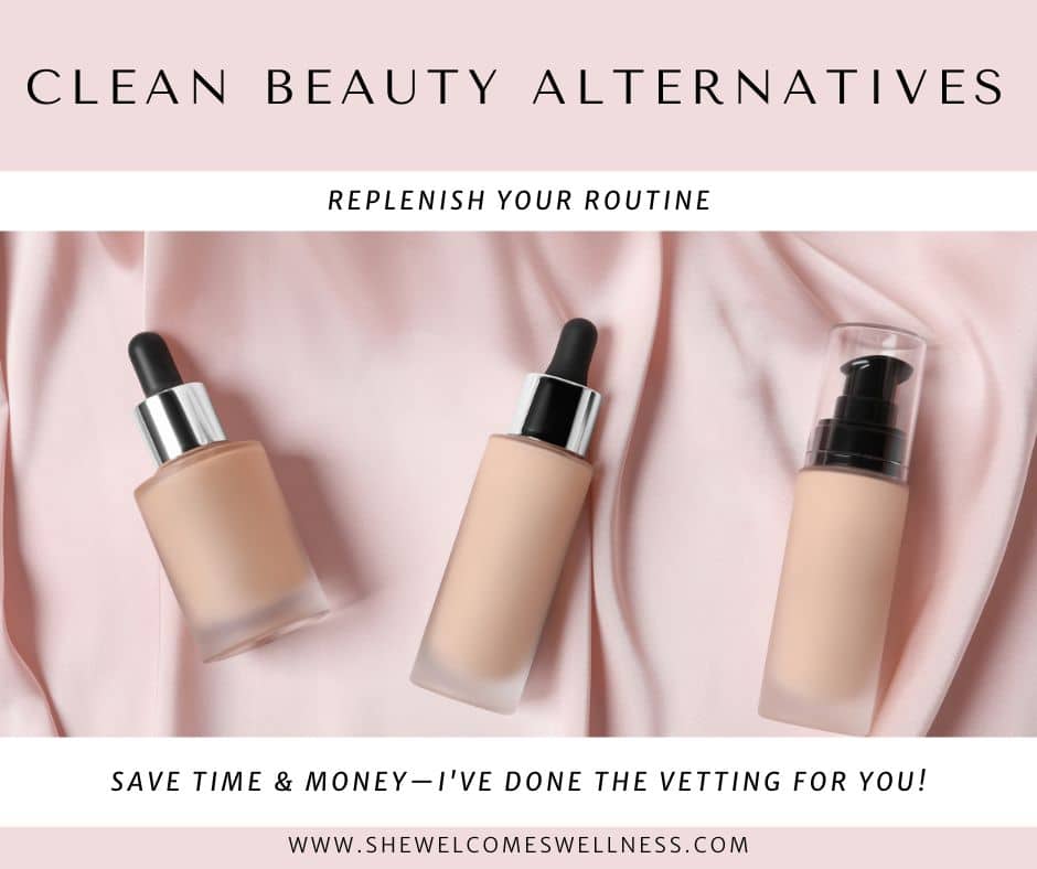 Clean Beauty Alternatives, clean beauty products on pink fabric