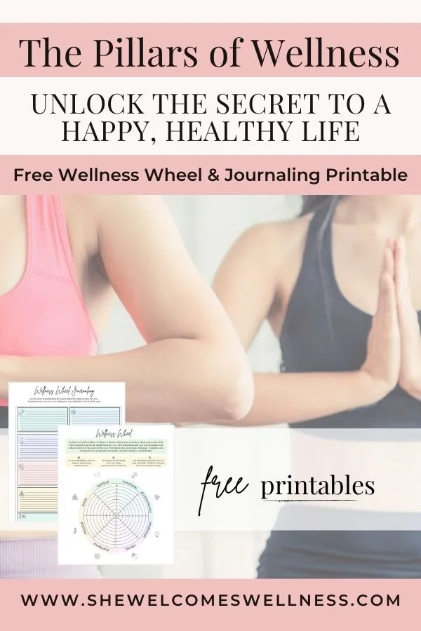 Eight Pillars of Wellness, Free printables-Pinterest Pin, women practicing yoga