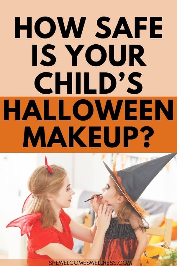 Pinterest pin-clickable:  How safe is your child's Halloween makeup? A mother putting Halloween makeup on her young daughter