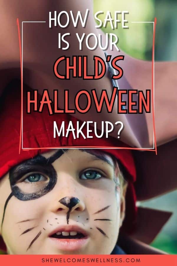 Pinterest Pin-clickable:  young boy with face makeup dressed as pirate.  Text: How Safe Is Your Child's Halloween Makeup?