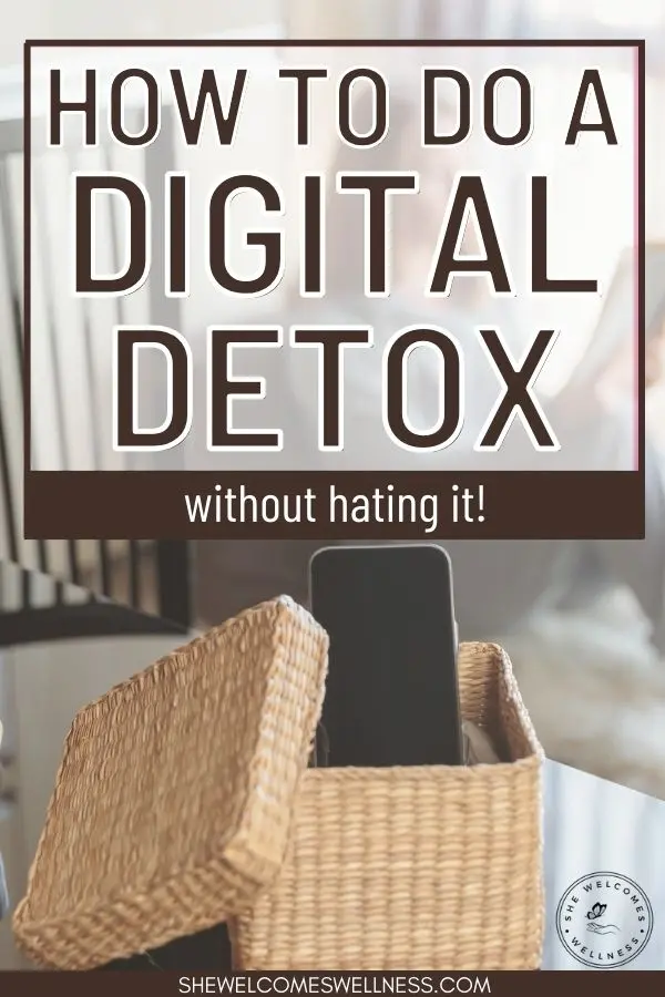 Clickable Pinterest Pin:  Cell phone turned off in wicker basket, text How to do a digital detox without hating it.
