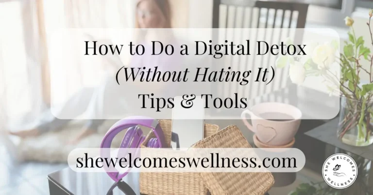 Woman doing a digital detox, text: How to do a digital detox (without hating it): tips & tools