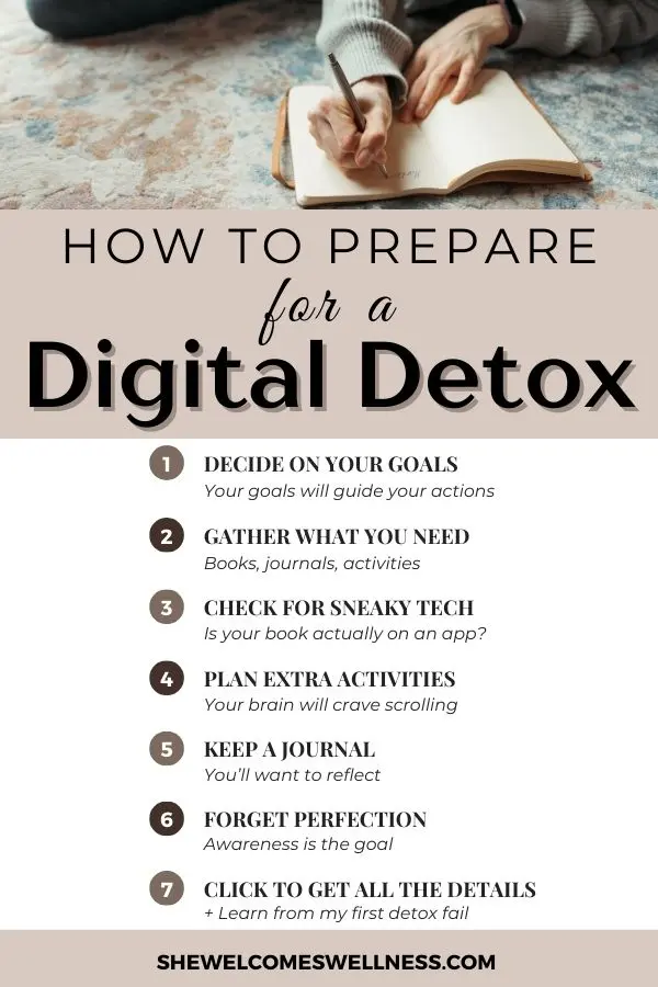 Checklist graphic with 7 tips for preparing for a digital detox.