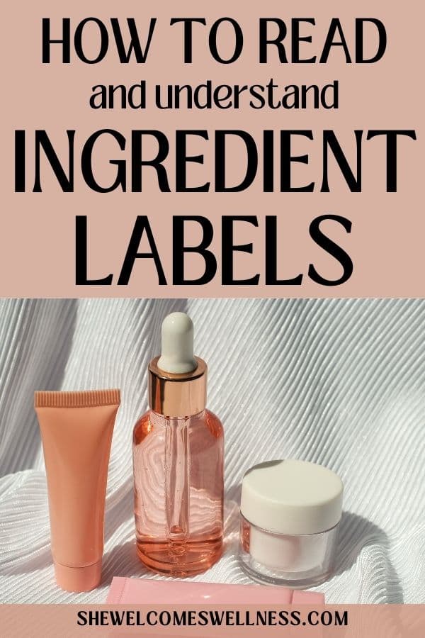 Text reads 'How to read and understand ingredient labels' above skincare products: a tube, dropper bottle, and jar. Background is soft white fabric.