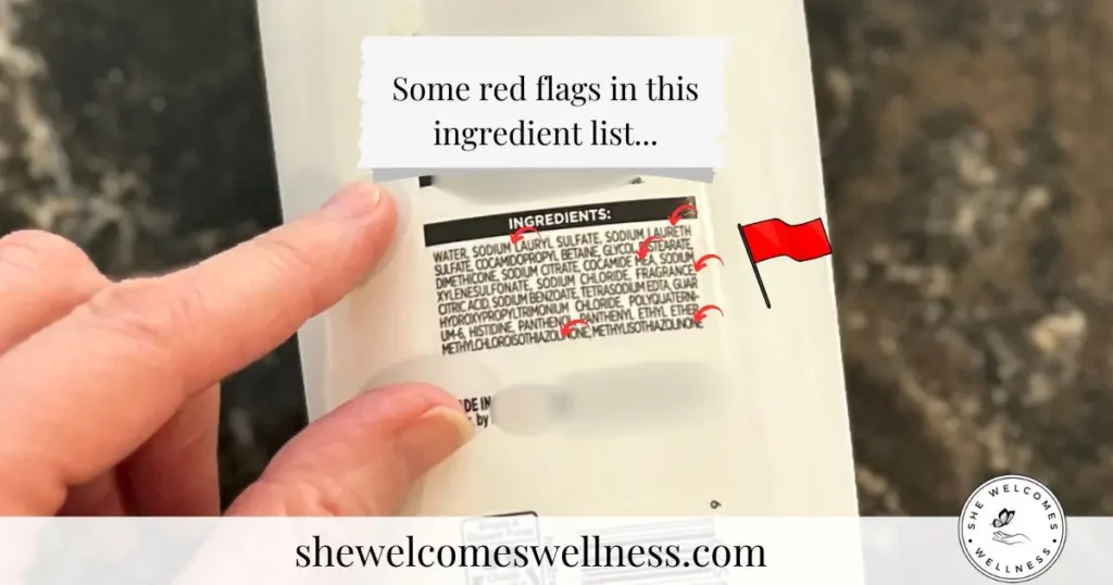 A hand holding a product with an ingredient list labeled as "red flags" using red arrows. A red flag icon emphasizes caution. 