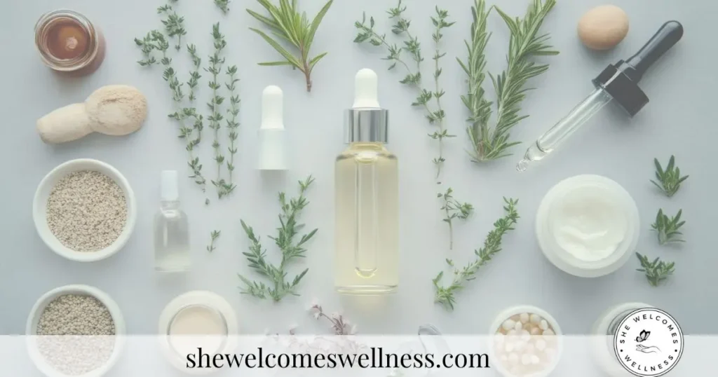 A collection of wellness items on a light surface, including essential oil bottles, herbs, a dropper, and bowls of seeds. Calm and natural atmosphere. Elegant logo and URL at the bottom.