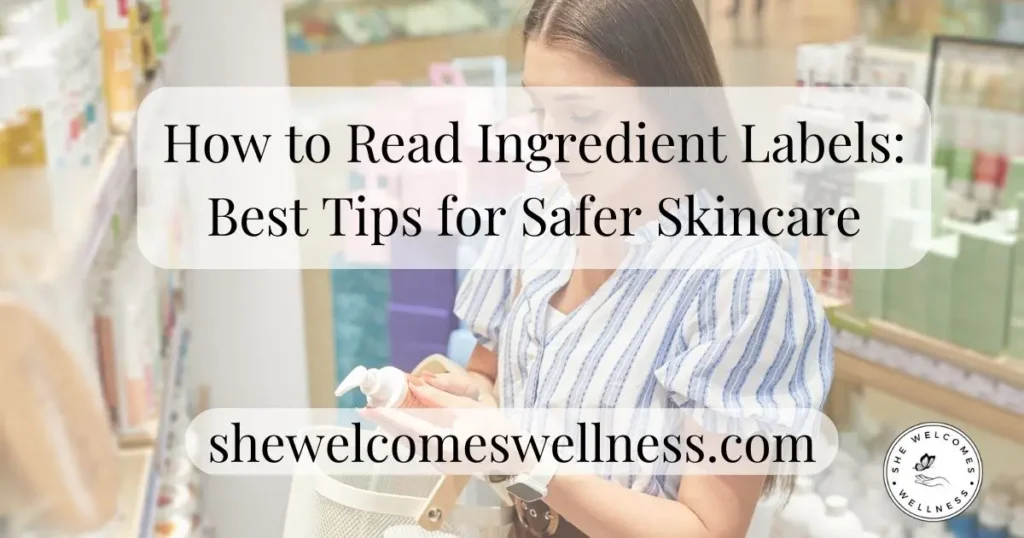 Woman reading skincare ingredient label on bottle for safer choices.