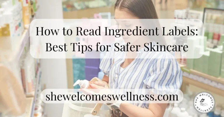 Woman reading skincare ingredient label on bottle for safer choices.