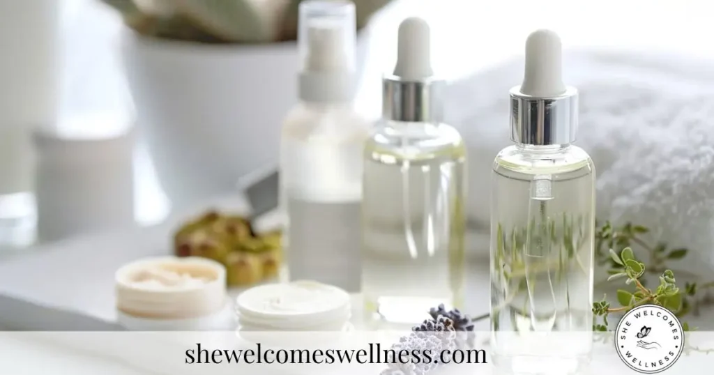 A serene spa scene with essential oil bottles, creamy skincare jars, and fresh herbs arranged on a white surface. Conveying relaxation and wellness.