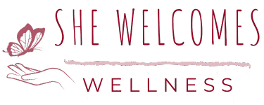 A logo reading "She Welcomes Wellness" features a stylized hand with a butterfly, symbolizing healing and serenity. The tone is calming and inviting.