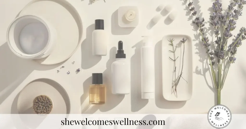 Assorted skincare products and sprigs of lavender neatly arranged on a white surface. Soft lighting creates a calm, natural ambiance. Logo reads "She Welcomes Wellness."