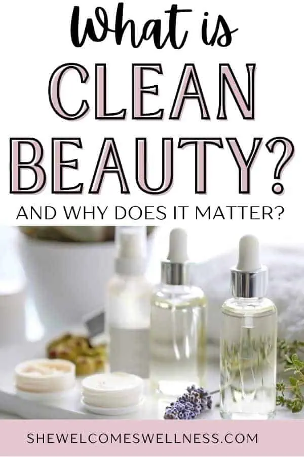 Text reading “What is Clean Beauty? And Why Does It Matter?” above skincare products, like creams and oils, on a tray with lavender, conveying a calm, natural theme.