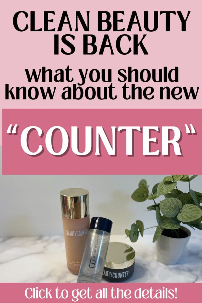 Pink poster stating "Clean Beauty is Back" with Beautycounter products on marble, beside a potted plant. Call-to-action reads "Click to get all the details!
