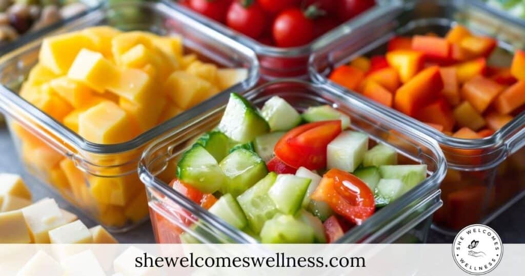 Glass containers filled with diced vegetables and cheese: yellow cheese, red tomatoes, orange peppers, and cucumber.