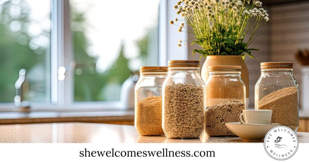 Jars of grains on a sunlit kitchen counter with a cup and saucer, next to a vase of white flowers. The mood is warm and tranquil.